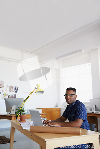 Image of Architecture, portrait or black man typing on laptop working on engineering project, planning or online research. Digital, designer or African civil engineer with blueprint or floor plan on website