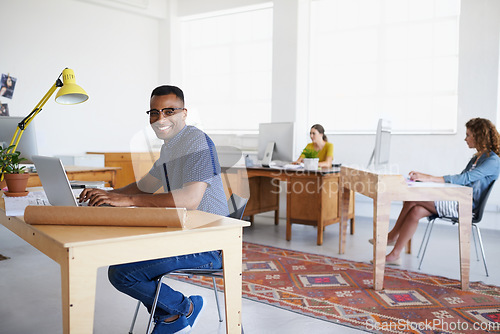 Image of Journalist, portrait or happy black man typing on laptop working on business project or online research. Computer, data or worker copywriting on digital blog or internet article with smile or pride