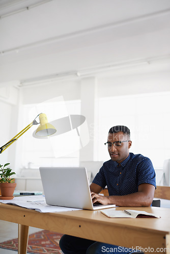 Image of Journalist, typing or black man with laptop for research working on online business or copywriting. Computer, digital agency or focused worker searching for blog content, reports or internet article