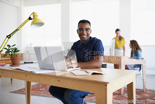 Image of Journalist, portrait or happy black man with laptop for research on online business or copywriting. Smile, digital agency or worker typing for blog content, reports or internet article on computer