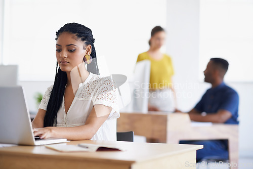 Image of Journalist, typing or woman with laptop for research working on online business or copywriting. Computer, digital agency or focused worker searching for blog content, reports or internet article