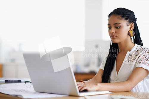 Image of Journalist, typing or girl with laptop for research working on online business or copywriting in digital agency. Computer or focused biracial woman searching for blog content, email or article site