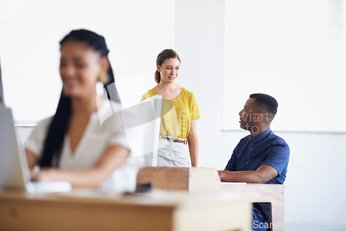 Image of Computer, black man or woman training a worker in startup or research project in digital agency. Leadership, laptop or manager helping, coaching or speaking of SEO data or online branding to employee