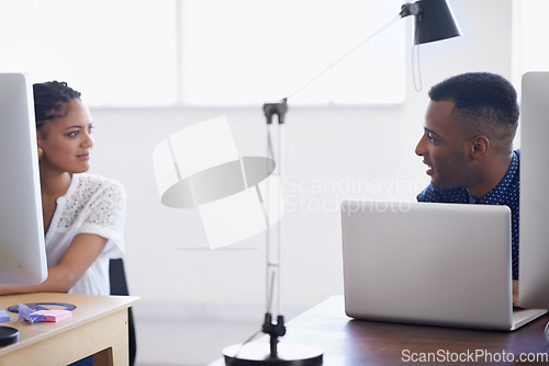 Image of Computer, people or black man talking to woman in startup or research project in digital agency. Collaboration, laptop or worker helping, training or speaking of online communication to employee