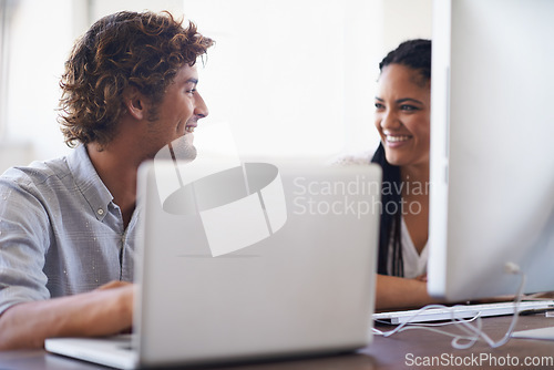 Image of Funny, computer or happy people chat on break talking, chatting or speaking of gossip news together. Laptop, laughing or relaxed employees in conversation or discussion about a blog article at desk