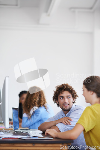 Image of Teamwork, talking or creative people planning in startup for a research project in office desk together. Collaboration, smile or young woman helping or speaking of design ideas on notes or paperwork