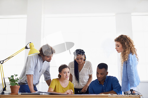 Image of Creative business people, coaching and team collaboration in planning, diversity or teamwork at office. Group of employees working together on project plan, documents or paperwork in startup strategy