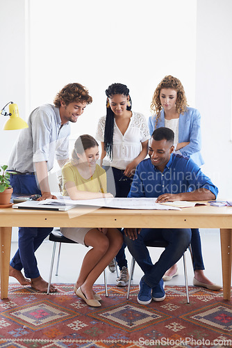 Image of Happy business people, blueprint and meeting for planning, architecture or construction at office. Architect group working on paperwork in project discussion or floor plan in team collaboration