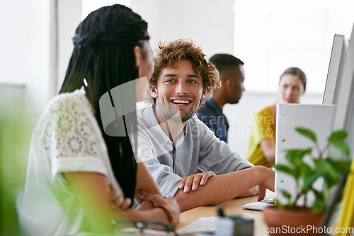 Image of Happy man, chat or people in office on break talking, chatting or speaking of gossip news together. Bonding, smile or relaxed employees in conversation or discussion about on blog or article at desk