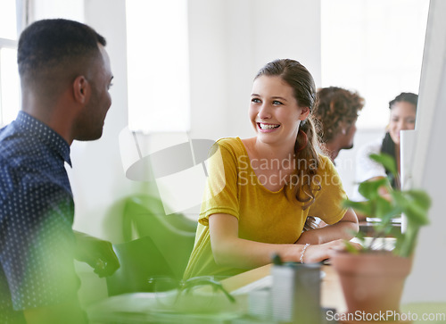 Image of Funny, break or happy woman in office talking or speaking of a crazy story, gossip or news with black man. Joke, chat or employees laughing in conversation or discussion about comedy blog together