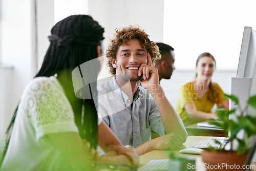 Image of Smile, happy man or business people on break talking, chatting or speaking of gossip news together. Bonding, laughing or relaxed employees in conversation or discussion about a blog article at desk