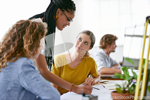 Image of Woman, floor plan or engineering manager writing or planning project talking with leadership in meeting. Coaching women, teamwork or designers working on strategy of architecture blueprint in office