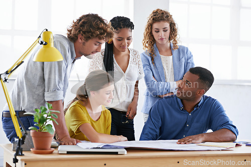 Image of Diversity, business people and blueprint in meeting for brainstorming, planning or sharing ideas at office. Architect group discussing document or floor plan strategy for construction at workplace