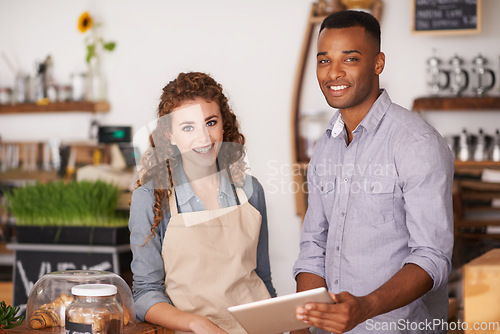 Image of Cafe owners, tablet and portrait of people, training and coaching in store. Waiters, black man and happy woman in restaurant with technology for inventory, stock check and managing sales online.