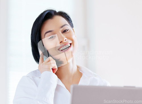 Image of Phone call, happy and portrait of businesswoman in the office planning project with technology. Confidence, smile and professional female employee on mobile conversation with cellphone in workplace.