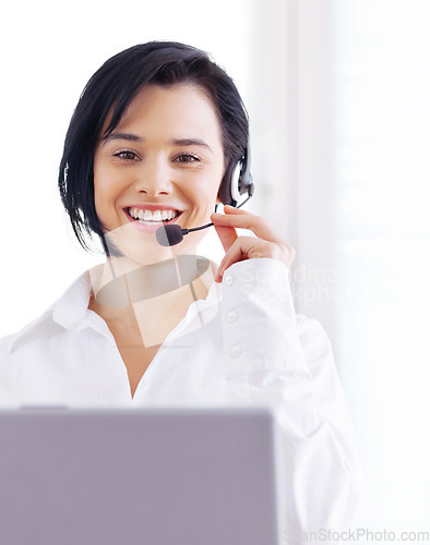 Image of Telemarketing, portrait and woman customer support consultant doing online consultation in the office. Contact us, crm and professional female call center agent working with a headset in workplace.