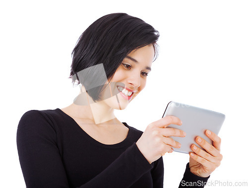 Image of Smile, tablet and woman reading online content on the internet or social media isolated in a studio white background. Excited, connection and female person typing email or search a website or web