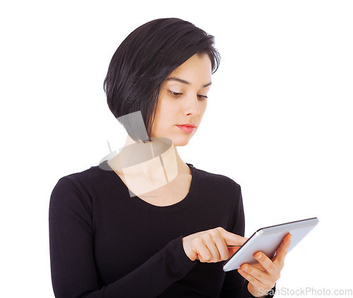 Image of Serious, tablet and woman focus on social media using internet or online isolated in a studio white background. App, connection and female person typing email or search a website or web