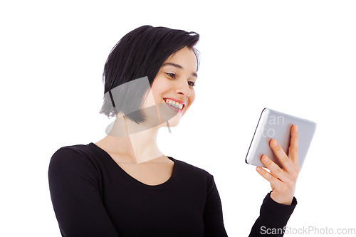 Image of Funny, tablet and woman laughing at social media meme on the internet or online isolated in a studio white background. Smile, connection and female person reading email or joke on an app or web