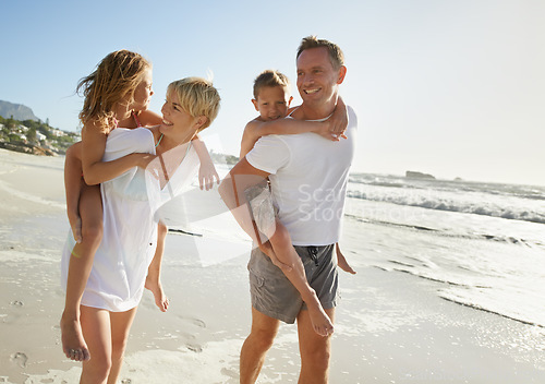 Image of Family, beach and walking piggyback of mother, father and carrying kids together outdoor in fun nature. Sea, smile and happiness with bonding, parent support and love laughing by the ocean on holiday