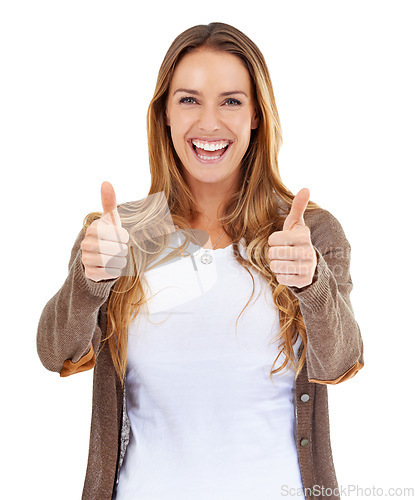 Image of Success, thumbs up and woman in portrait isolated on a white background in thank you, support or like sign. Winning, winner or excited casual person for yes, okay or good job emoji or hands in studio