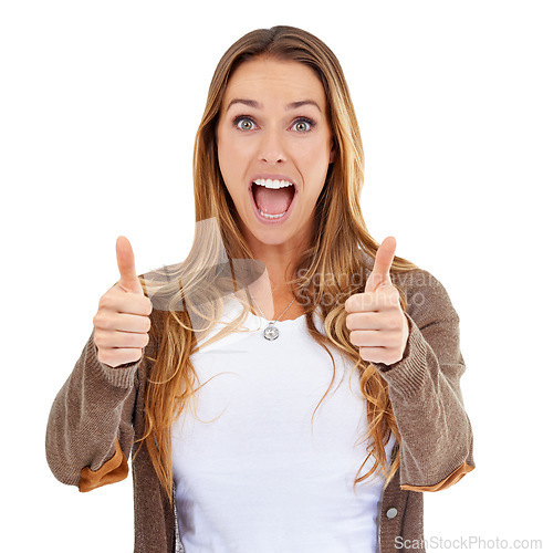 Image of Wow, thumbs up and portrait of woman isolated on a white background with surprise, winning and like hands sign. Winner success, excited person or model in yes, okay or congratulations emoji in studio