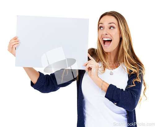 Image of Poster mockup, wow and excited woman isolated on a white background for news, presentation or announcement space. Happy female person with board, empty sign for surprise or promo deal in studio