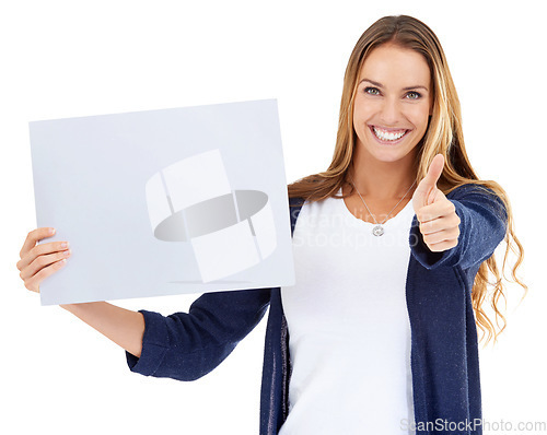 Image of Poster, thumbs up and woman portrait isolated on white background in presentation or promotion mockup space. Happy person or winner with yes, success or winning hand sign and paper or board in studio