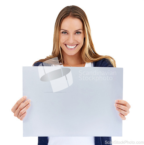 Image of Portrait, poster mockup and woman smile isolated on a white background for presentation, paper design and space. Happy person with board or sign for announcement, news or promo mock up in studio