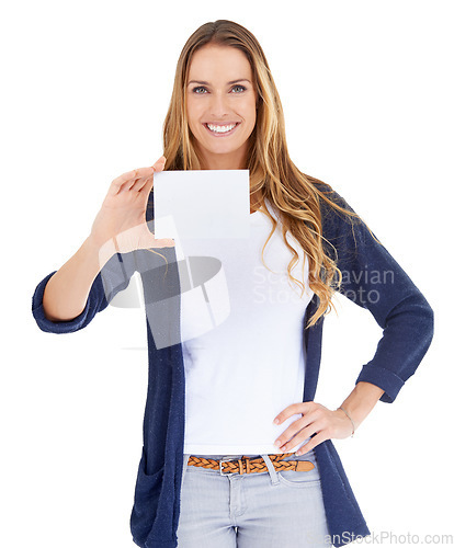 Image of Business card, mockup and woman in portrait isolated on a white background, design space and career advertising. Presentation, face and confident entrepreneur or person with paper mock up in studio