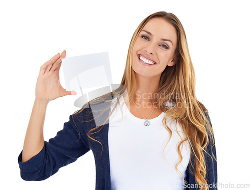 Image of Woman, portrait and business card mockup isolated on a white background, contact information or career advertising. Presentation, paper mock up and happy entrepreneur or person with sign in studio