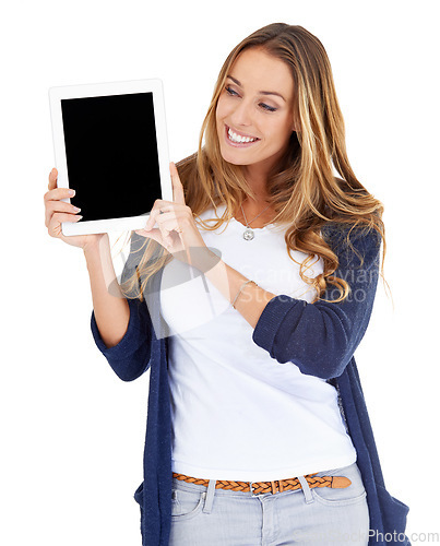 Image of Tablet, scree mockup and woman isolated on a white background for website design, advertising and space. Happy person, model or online user with digital technology, application and mock up in studio