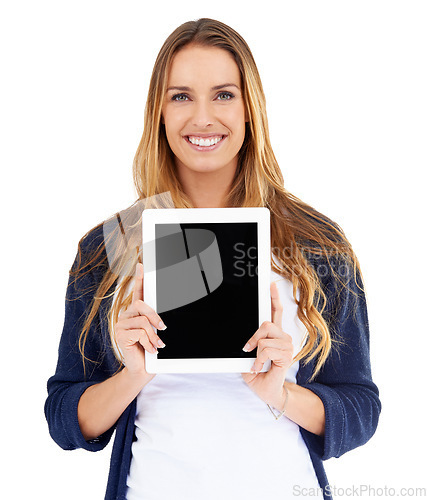 Image of Woman portrait, tablet and mockup on screen isolated on a white background for website advertising and space. Happy person, model or digital user on online technology, application and promo in studio