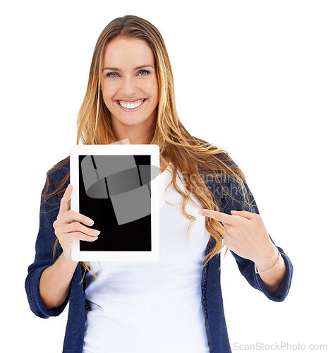 Image of Woman pointing, tablet mockup and portrait isolated on a white background for website advertising, screen and space. Happy person, model or digital user on technology presentation or app in studio