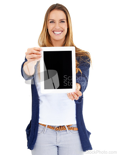 Image of Woman portrait, tablet mockup and presentation isolated on a white background, screen space or website marketing. Happy person or digital user with technology, software or online app design in studio
