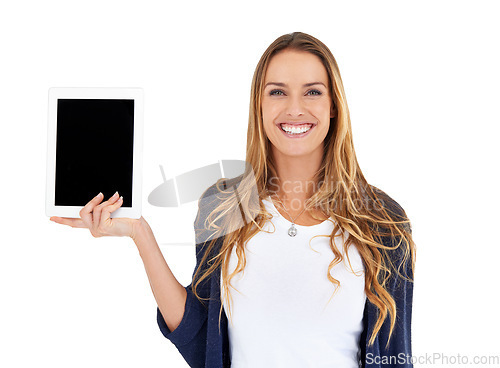 Image of Tablet, screen and happy woman in portrait isolated on white background and mockup space for online marketing. Face of person or digital user for technology in hand, software or application in studio