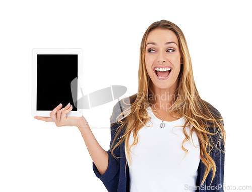 Image of Tablet, screen mockup and excited woman isolated on a white background with wow for sale, deal or online news. Happy person or digital user surprise on technology application for discount in studio