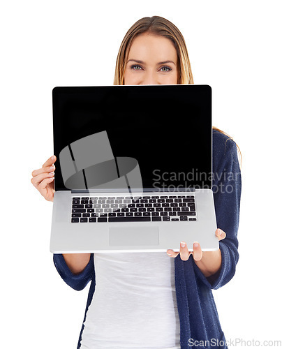 Image of Laptop screen, mockup and woman portrait isolated on a white background for website launch or coming soon. Person or model with computer mock up space for advertising or presentation in studio