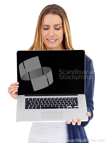 Image of Laptop screen, mockup and woman confused isolated on a white background for website choice, decision or bad results. Person or model with computer mock up or online space with news or doubt in studio