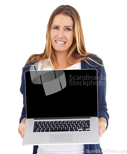Image of Computer screen, stress and woman portrait isolated on a white background, website choice, confused or online mistake. Person with laptop mockup and doubt, fear or worried for app results in studio