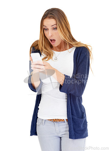 Image of Shocked, wow and woman on a phone isolated a white background for fake news, wrong email or mistake. Surprise, fear or stress of person or online user with cellphone or mobile app problem in studio