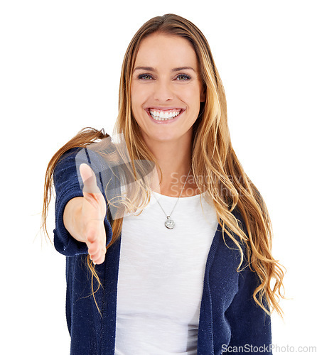 Image of Handshake, offer and portrait of woman isolated on a white background for welcome, agreement or introduction. Happy person shaking hands in client pov for greeting, congratulations or deal in studio