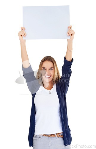 Image of Poster mockup, portrait and success of woman isolated on a white background for winning, promotion deal and space. Happy, excited person with board or sign in air for announcement or news in studio