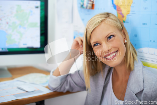 Image of Travel agency office, happy woman and agent thinking of plan, tour ideas or inspiration for journey advice, route or recommendation. Brainstorming face, map planning advisor and person contemplating