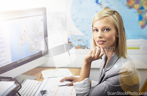 Image of Office computer, travel agent portrait and woman planning world, global or international tour, vacation or holiday. Online map, business agency and person with pride, confidence and satisfaction