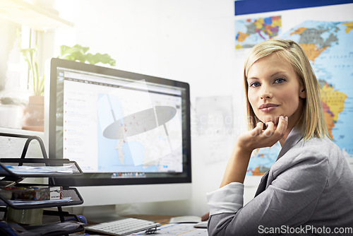 Image of Computer, travel agent portrait and business woman confident in online service, tourism industry or destination research. Agency job, vacation support or person with pride, confidence and screen map