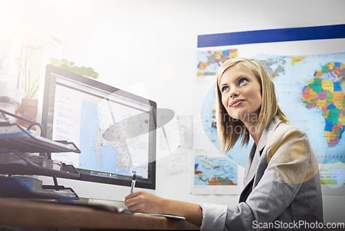 Image of Office computer, agent and woman thinking of travel route, recommendation or inspiration for tour, vacation or holiday. Digital map, destination or agency person working on destination location ideas