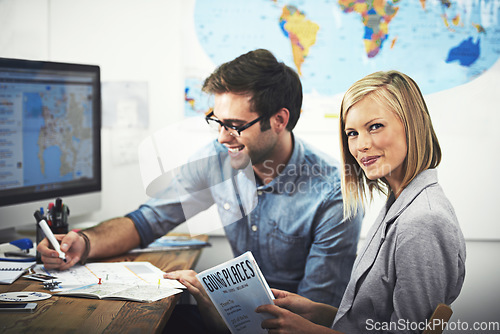 Image of Travel agency office, portrait agent and happy people planning collaboration, teamwork or cooperation on tour journey. Trip, tourism brochure and team work on plan, transport route or map destination