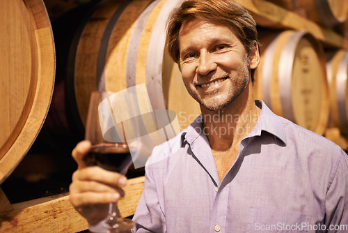 Image of Portrait, wine and taste with a man in the cellar of a distillery on a farm for production or fermentation of alcohol. Glass, winery and barrel with a male farmer tasting a drink for quality control