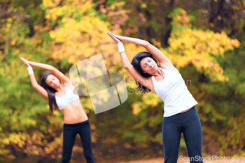 Image of Women, exercise stretching and calm in a outdoor park for yoga and fitness. Health, wellness and arm stretch of female friends in nature on forest feeling relax from body and sport together in woods